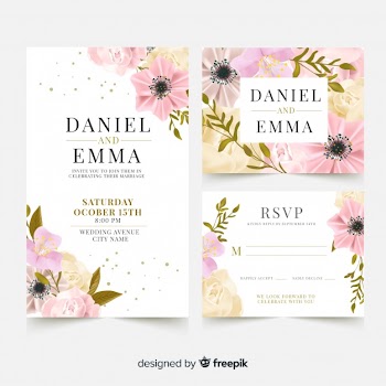 Elegant wedding card template with realistic flowers Free Vector