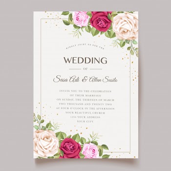 Elegant wedding card with beautiful floral and leaves template Free Vector