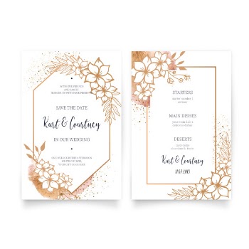 Elegant wedding invitation & menu with golden ornaments Free Vector
