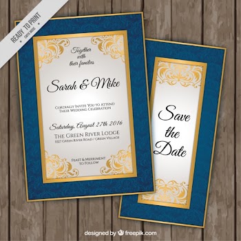 Elegant wedding invitations with blue and golden border Free Vector