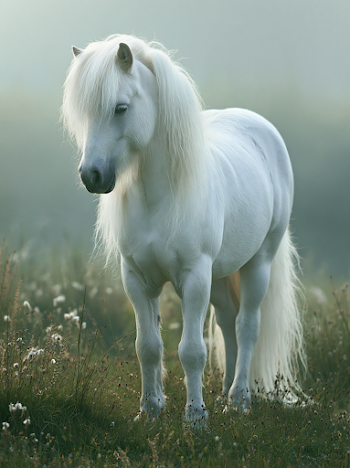 Elegant White Pony in a Misty Meadow