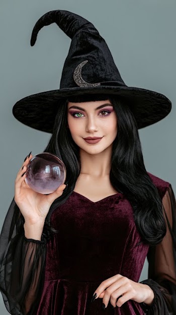 Elegant Witch in Velvet Dress with Crystal Ball