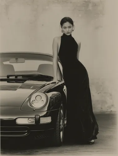 Elegant Woman in Black Dress Leaning Against Porsche 911 Elegant Woman in Black Dress Leaning Against Porsche 911