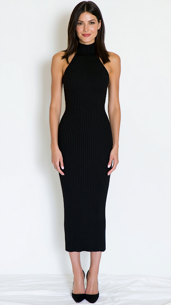 Elegant Woman in Black Knit Dress