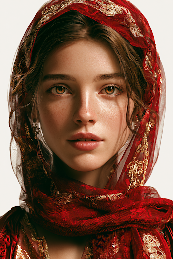 Elegant Woman in Embroidered Red Scarf