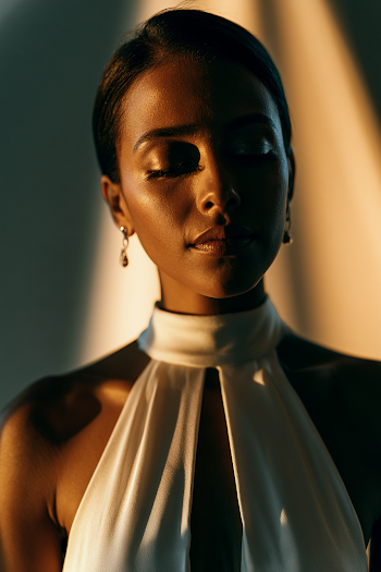 Elegant Woman in Modern White Gown with Dramatic Lighting
