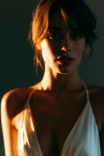 Elegant Woman in White Gown with Dramatic Lighting