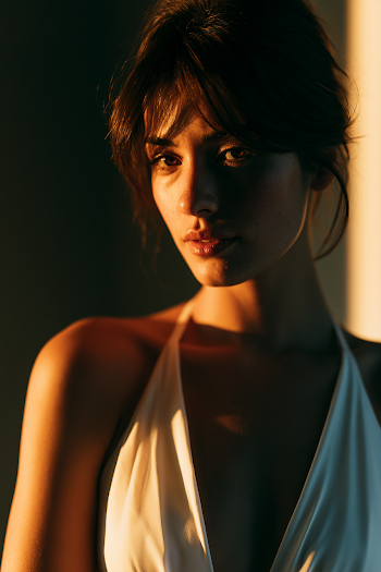 Elegant Woman in White Gown with Dramatic Lighting