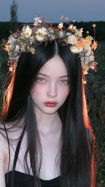 Elegant Young Woman with Floral Crown at Twilight