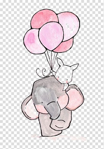 Elephant and rabbit holding balloon illustration, Paper Printing Child Drawing Illustration, Cartoon hand-painted rabbit ball with a balloon transparent background PNG clipart