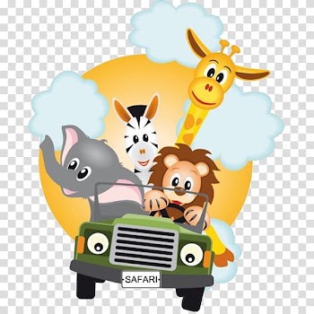 Elephant, tiger, giraffe, and zebra driving vehicle cartoon animal illustration, Safari Sticker Party, baby animals transparent background PNG clipart