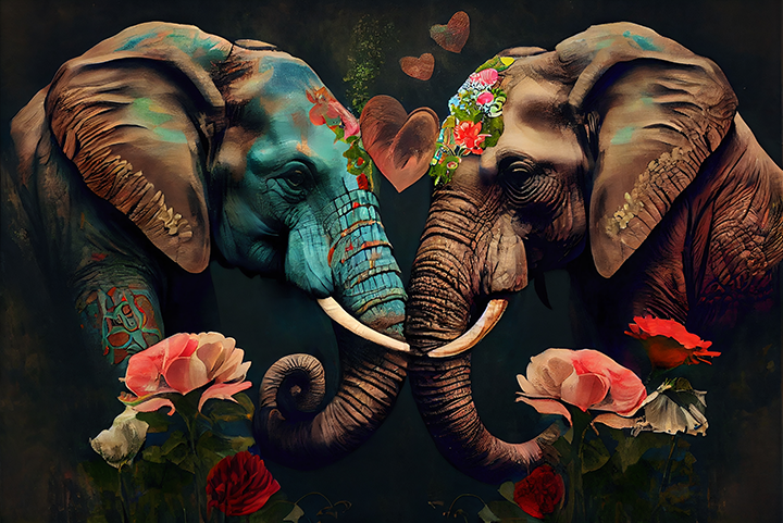 Elephants touching their trunks in love in a floral garden - AI generated