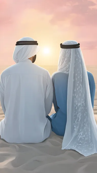 Emirati Couple at Sunset on Dubai Beach in Traditional Attire Emirati Couple at Sunset on Dubai Beach in Traditional Attire
