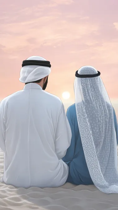 Emirati couple sitting on beach at sunset in traditional attire Emirati couple sitting on beach at sunset in traditional attire
