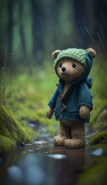 Emo teddy bear lost in a forest in the rain