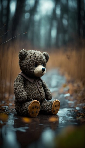 Emo teddy bear lost in a forest in the rain