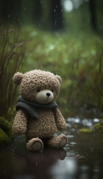 Emo teddy bear lost in a forest in the rain