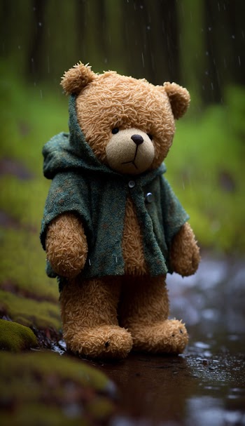 Emo teddy bear lost in a forest in the rain