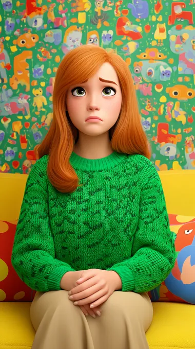 Emotional Woman in a Colorful Cartoon Room Emotional Woman in a Colorful Cartoon Room