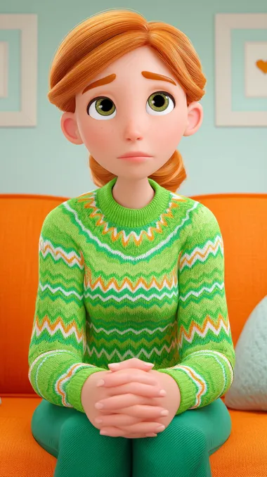 Emotional Woman in Green Sweater - Pixar Style Emotional Woman in Green Sweater - Pixar Style