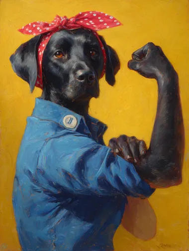 Empowered Black Labrador as Rosie the Riveter Empowered Black Labrador as Rosie the Riveter