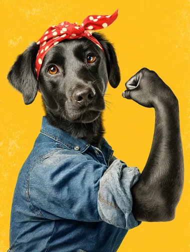 Empowered Black Labrador as Rosie the Riveter Empowered Black Labrador as Rosie the Riveter