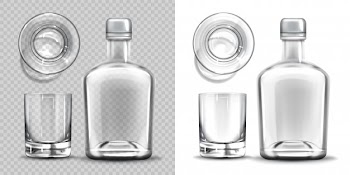 Empty bottle and shot glass side and top view set. Free Vector