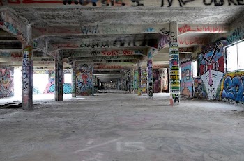 empty hallway full of graffiti on walls