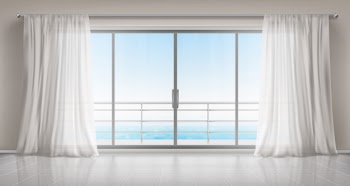 Empty room with glass door to balcony and curtains Free Vector