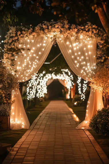 Enchanting Nighttime Wedding Arch with Fairy Lights and Flowers Enchanting Nighttime Wedding Arch with Fairy Lights and Flowers