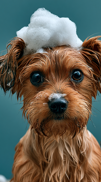 Endearing Wet Terrier with Soap Suds