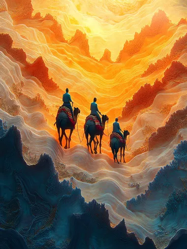 Endless Horizons: Camel Riders Journey Through Fabric Landscapes Endless Horizons: Camel Riders Journey Through Fabric Landscapes