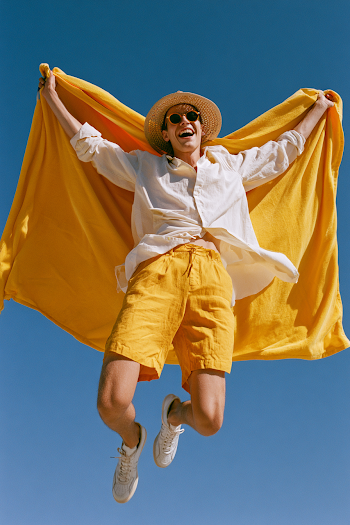 Energetic Male Model with Yellow Towel in Summer Apparel