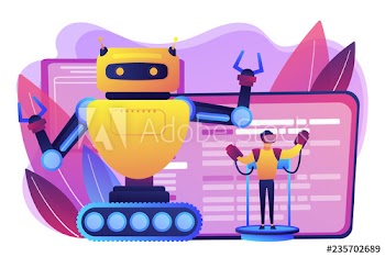 Engineer controlling big robot with remote technology