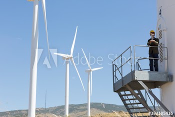 Engineer holding wind turbine model on sunny wind farm