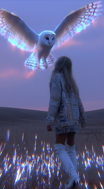 Enigmatic Encounter: Owl and Woman at Dusk