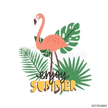 Enjoy Summer slogan handwritten with calligraphic font and decorated by flamingo and exotic tropical foliage