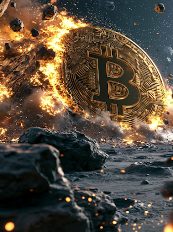 Epic Collision: Golden Cryptocurrency Coin on a Fiery Asteroid