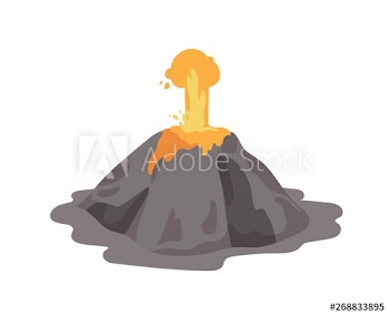 Erupting volcano with lava fountain ejecting from a crater isolated on white background