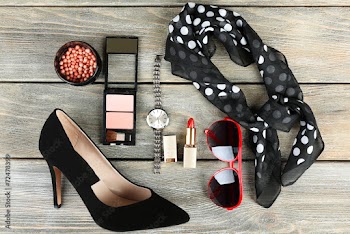 Essentials fashion woman objects on wooden background