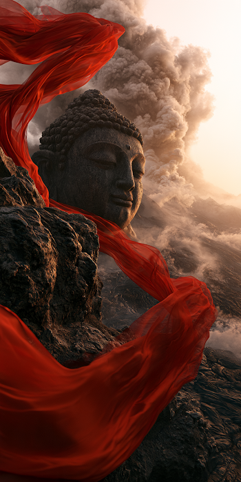Ethereal Buddha in Volcanic Landscape