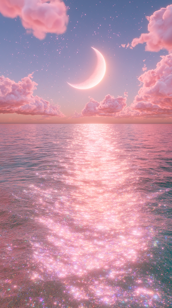 Ethereal Crescent Moon Over Pastel Ocean