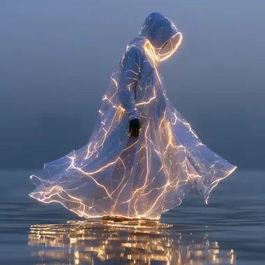 Ethereal Figure in Luminous Robes on Water's Surface Ethereal Figure in Luminous Robes on Water's Surface