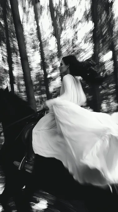 Ethereal Journey: Woman in White Dress on Horseback Ethereal Journey: Woman in White Dress on Horseback