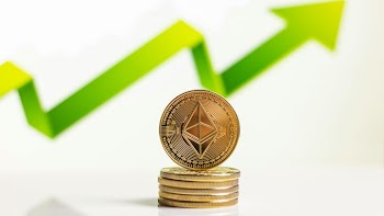 Ethereum Coin on Stacked Coins with Rising Graph