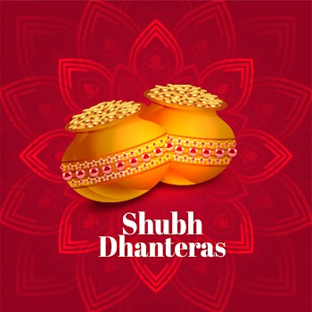 Ethnic shubh dhanteras festival card with gold coin pots Free Vector