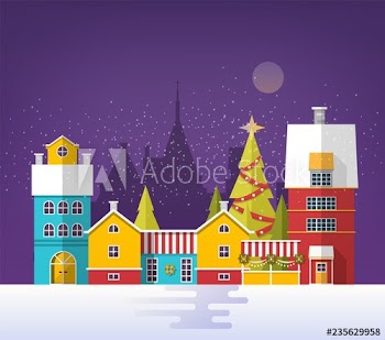 Evening winter urban landscape with old city, town or village