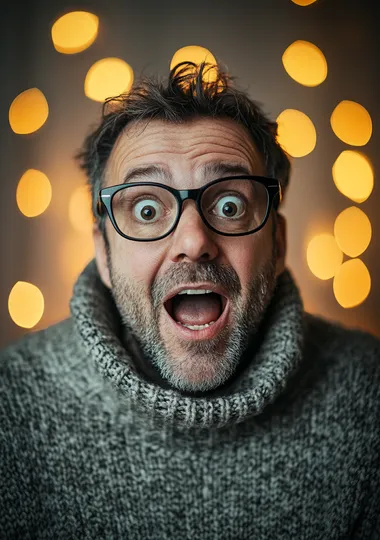 Excited man in cozy sweater with glasses surprised at home indoors Excited man in cozy sweater with glasses surprised at home indoors