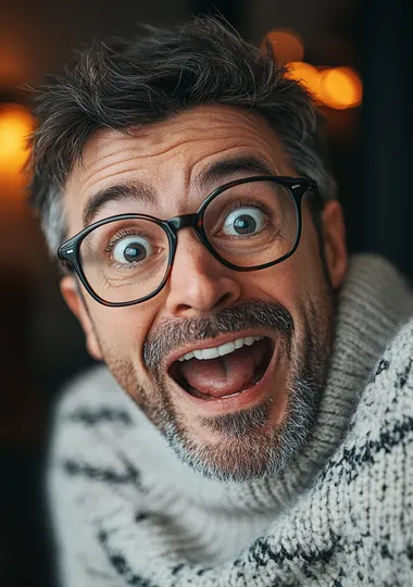 Excited man with glasses in cozy sweater surprised at home indoors Excited man with glasses in cozy sweater surprised at home indoors