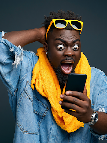 Excited Young Man with Smartphone in Studio